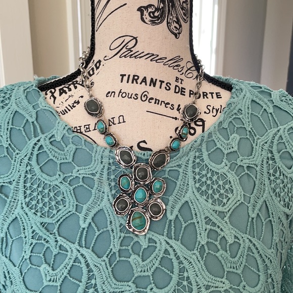 NWOT She + Sky Teal Lace Short Sleeve Sheath Dress - Picture 2 of 9